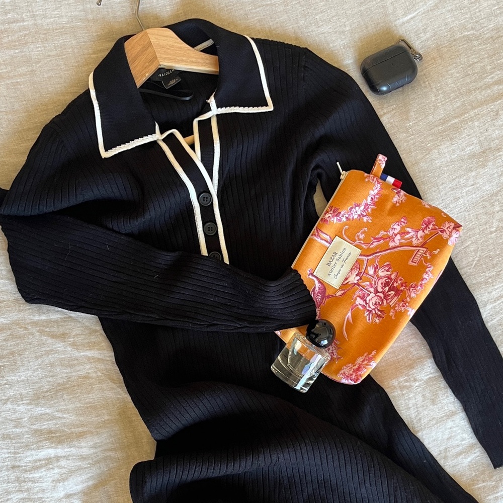 EUC Halogen Black Long-Sleeve Ribbed Polo Dress with White Trim